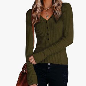 PRETTYGARDEN Long Sleeve Henley Shirt  Button V Neck Basic Ribbed Knit Tunic - S